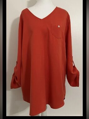 Soft Surroundings Tunic Top Large Orange Roll Tab Sleeves Colorful Artsy Relax